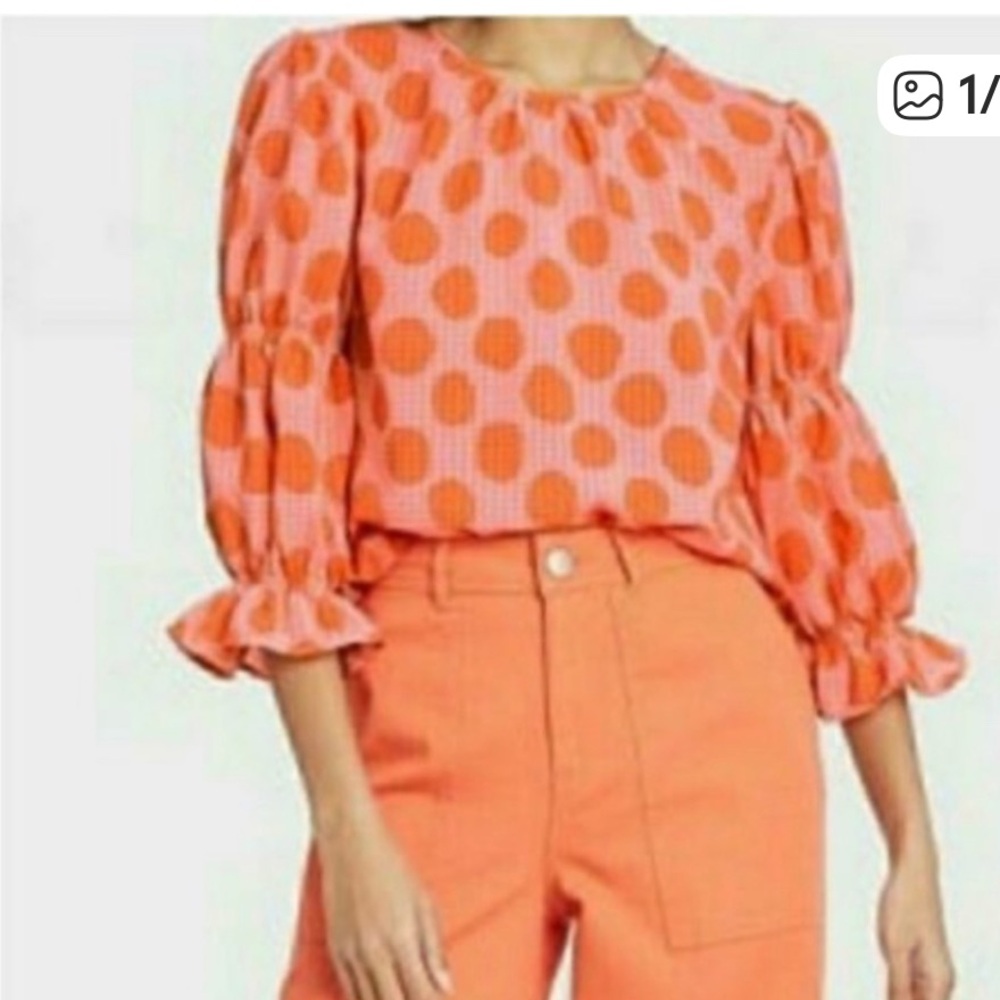 Who What Wear Polka Dot Ruffle Sleeve Blouse Top M Pink Orange Feminine Loose